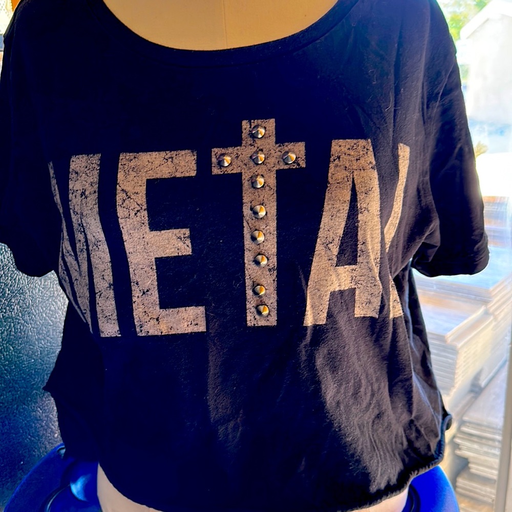 Medium black short sleeve METAL distressed shirt with studs. Rocker grunge goth